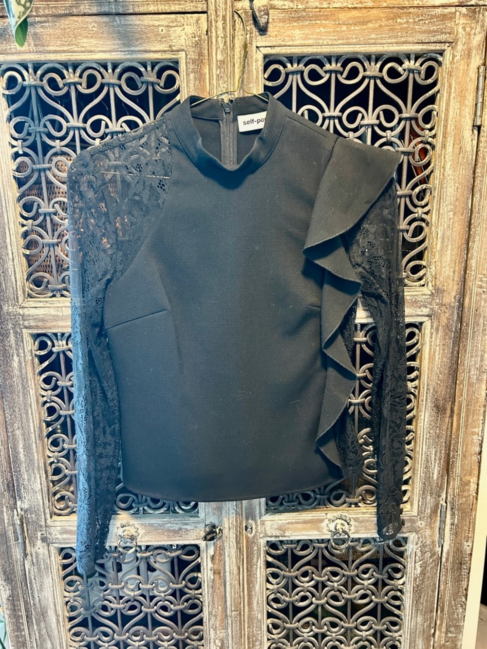 Self-Portrait Black Lace Ruffle-Accent Long Sleeve Top